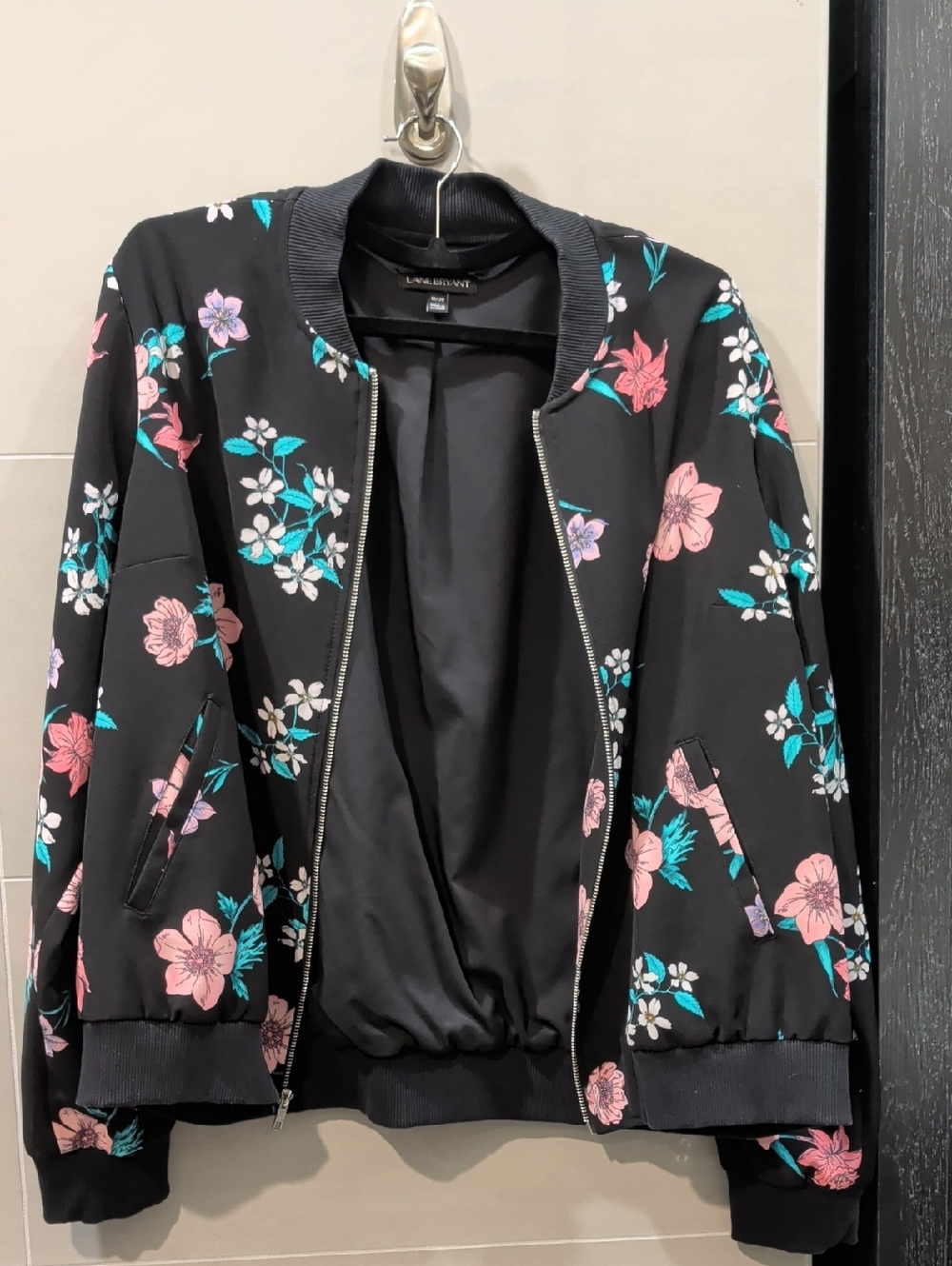 Lane Bryant Black Bomber Jacket with Pink & Teal Floral Print